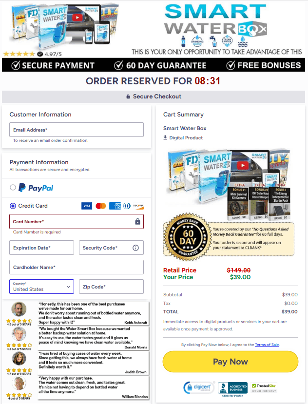Smart Water Box Checkout Page